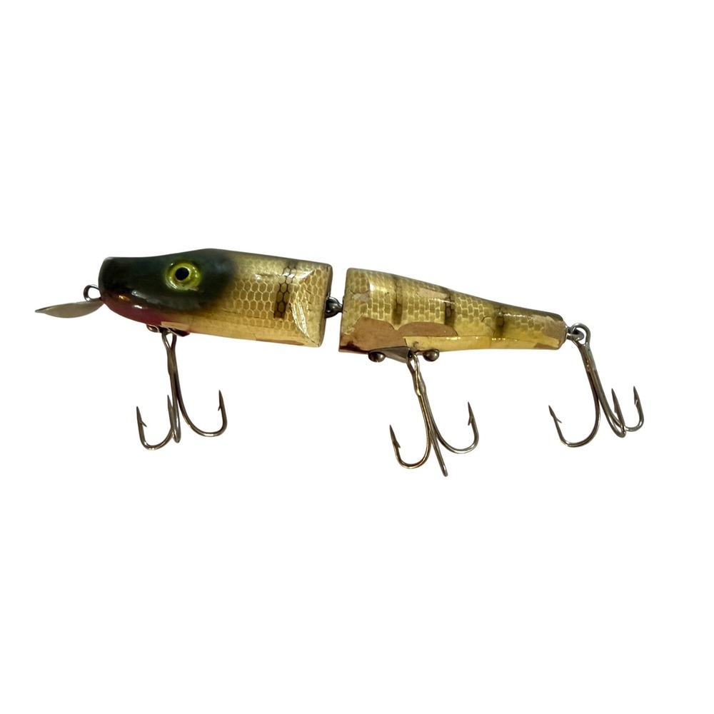 Vintage Jointed Fishing Lure Wood Metal Lip 2 Piece Crankbait Prop Tail